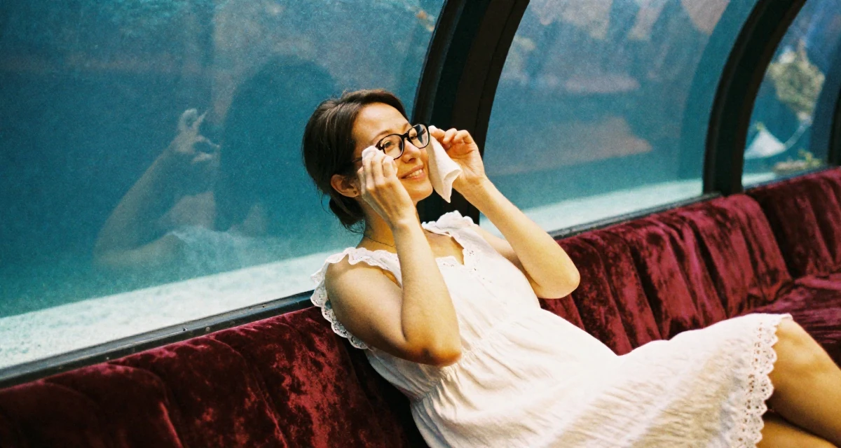 A warmhearted Female From Netherlands, studied digital media and interaction design in their 40, inspiring others to chase dreams at any age,
wearing a white cotton nightgown with lace details, cleaning glasses with a cloth in a aquarium tunnel.