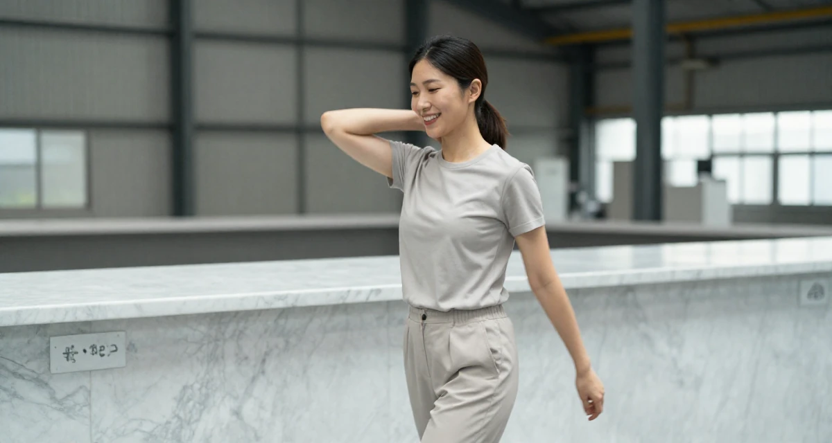 A happy Female From Sapporo Japan, trained in fitness and body sculpting in their 30, planning adult responsibilities with unstable cash flow,
wearing a clean, neutral-toned casual outfit, stretching the neck in a industrial warehouse.