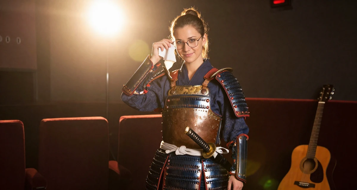 A satisfied Female From Bergen Norway, studied business economics in their 23, realizing early burnout is real but pushing anyway,
wearing a samurai armor set with a katana at the waist, cleaning glasses with a cloth in a cinema lobby.