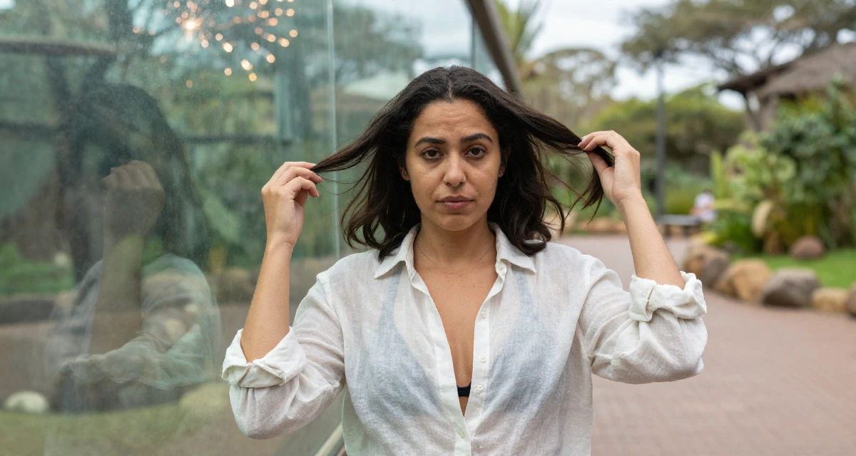 A resilient Female Raised in Kenya, studied digital entrepreneurship in their 33, dealing with rising living costs,
wearing a translucent linen shirt worn over a swimsuit, retouching hair volume in a zoo pathway.