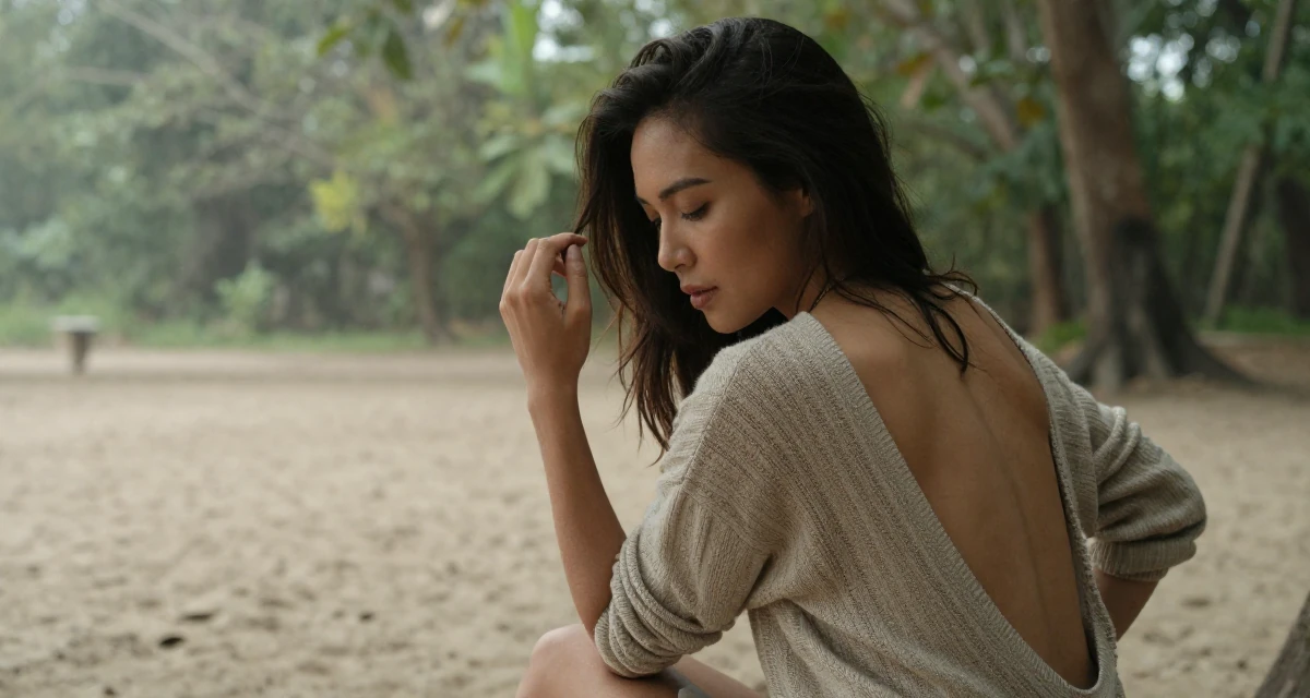 A seductive Female From Bangkok Thailand, studied tourism management in their 35, sharing the journey of learning a new language,
wearing a open-back sweater showing the spine, fixing a loose strand of hair in a magical forest clearing.