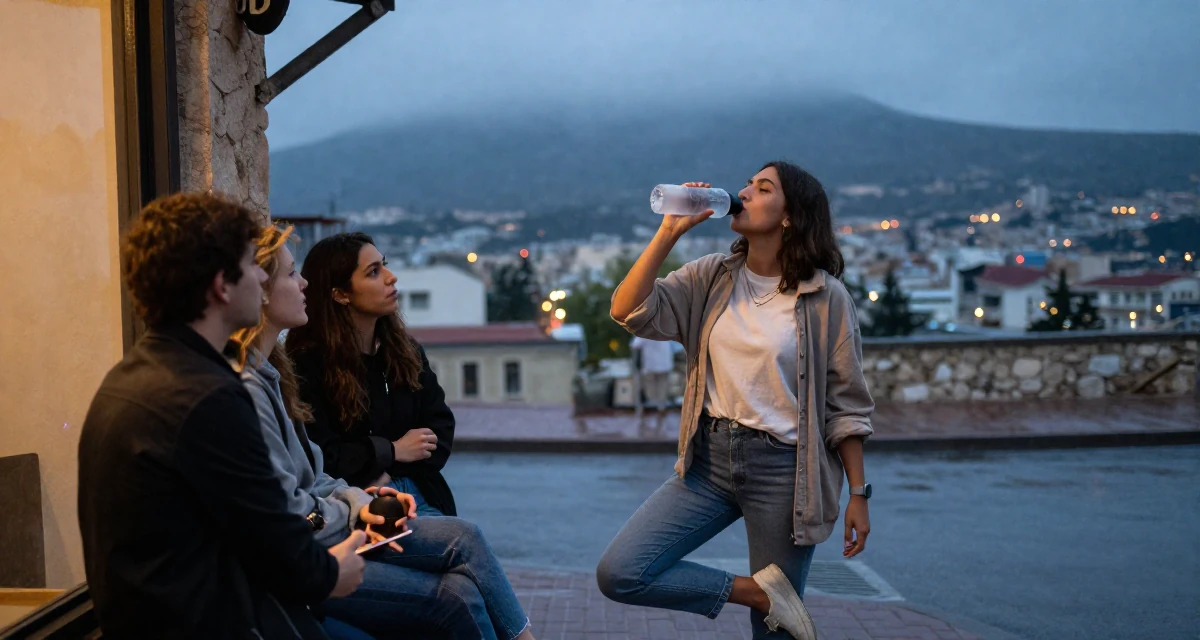 A thoughtful Female From Cyprus, based in Limassol, graduated from a communication school majoring in alluring content design in their 43, mentoring young professionals in the field,
wearing a relaxed streetwear, drinking from a water bottle in a rainy street corner.