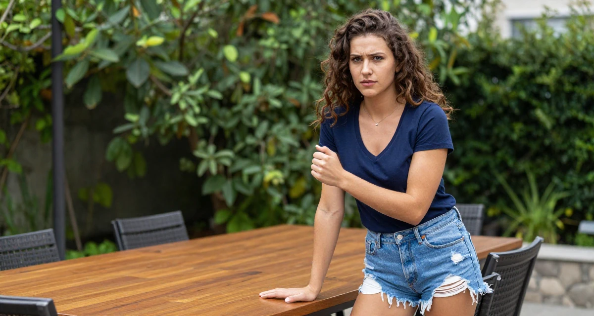 A ambitious Female From Poland, studied biotechnology in their 22, navigating competitive academic environments,
wearing a deep v-neck t-shirt and distressed denim shorts, rubbing hands together for warmth in a garden patio.