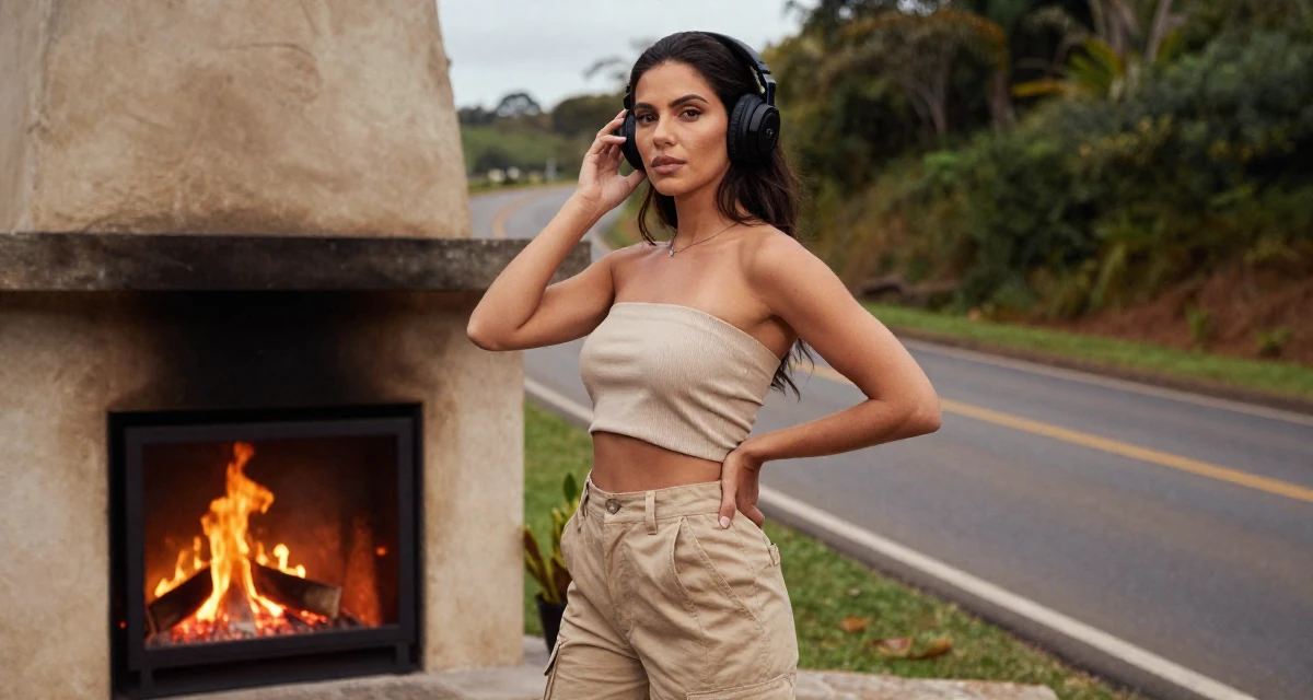 A calm and confident Female From Brazil, studied logistics engineering in their 43, creating a supportive space for menopause,
wearing a strapless tube top and cargo pants, adjusting headphones in a country road.