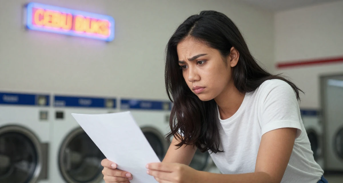A disinterested Female From the Philippines, based in Cebu City, graduated from a local college majoring in public relations in their 27, recovering from hustle culture fatigue,
wearing a minimalist everyday clothing, holding a piece of paper in a laundromat with neon signs.