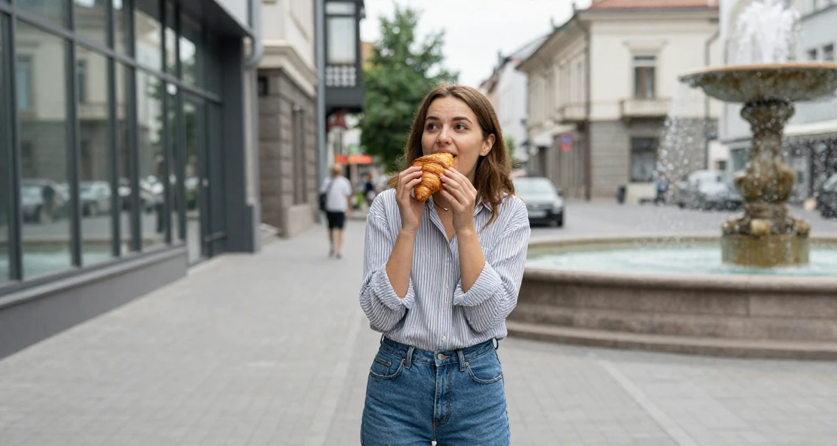 A patient Female Born in Russia, graduated from a local college majoring in marketing in their 25, building confidence by experimenting with poses,
wearing a classic striped shirt and jeans, eating a croissant in a quiet alleyway.