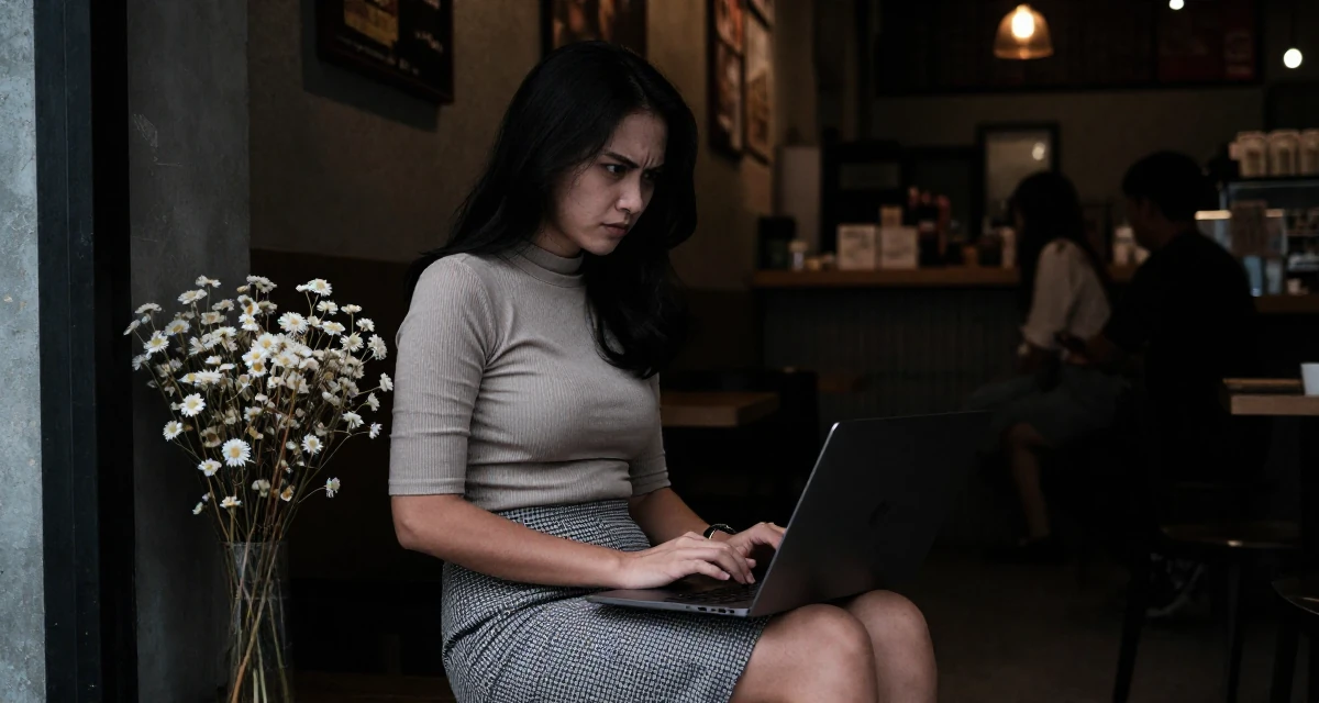 A intimidating Female From Indonesia, based in Surabaya, graduated from a creative academy majoring in multimedia arts in their 30, prioritizing quality over quantity in friendships,
wearing a fitted ribbed top and a check pattern skirt, typing on a laptop in a coffee shop corner.