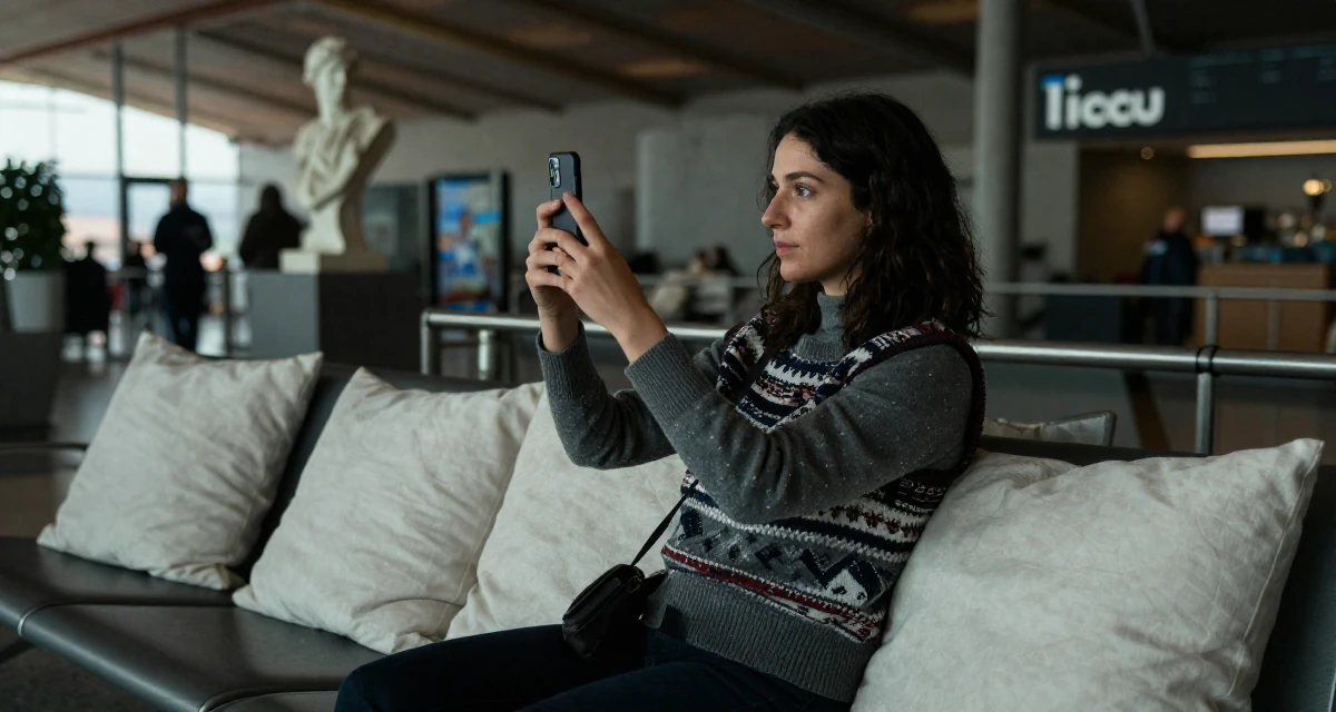 A serene Female From Florence Italy, majored in sculpture arts in their 45, sharing the beauty of a quiet rural life,
wearing a preppy sweater vest combo, snapping a photo with a phone in a airport departure lounge.