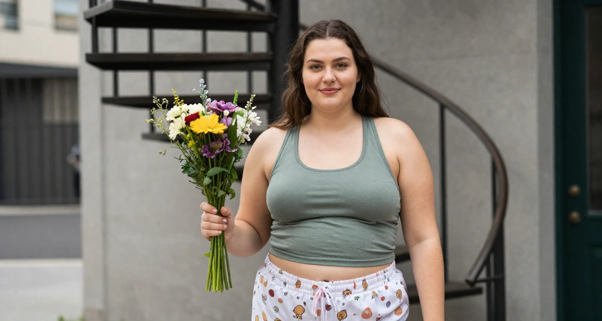 A charming Female Once a logistics coordinator, now creating body-positivity material in their 23, experimenting with cooking and home life,
wearing a fitted racerback tank and pajama shorts, holding a bouquet in a urban street.