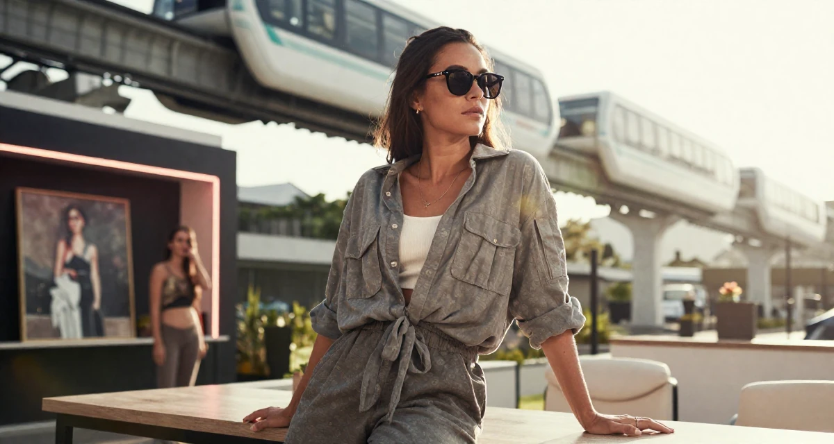 A assured Female From Bali Indonesia, practiced mindful movement and self-portrait art in their 24, seriously considering moving to a new country,
wearing a relaxed streetwear, lowering sunglasses to look out in a photo studio.