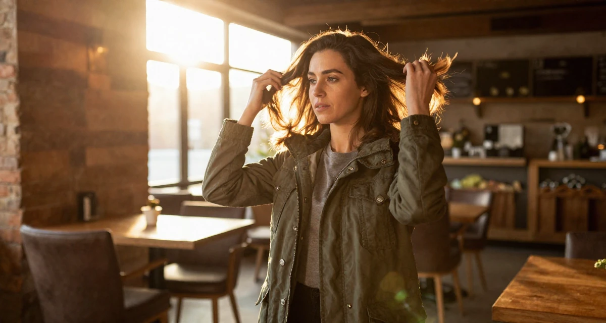 A reflective Female Once a dog trainer, now a pet-friendly lifestyle content creator in their 25, strengthening personal boundaries and priorities,
wearing a stylish parka jacket, retouching hair volume in a high-end restaurant.