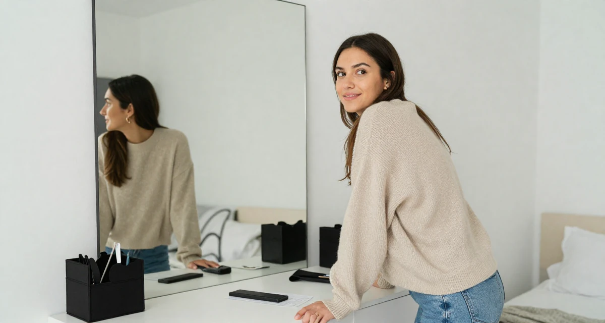 A sincere Female Once a tattoo shop cashier, now modeling body-art-centric content in their 25, learning to batch-shoot to save time,
wearing a oversized beige sweater and jeans, glancing over the shoulder in a minimalist bedroom.