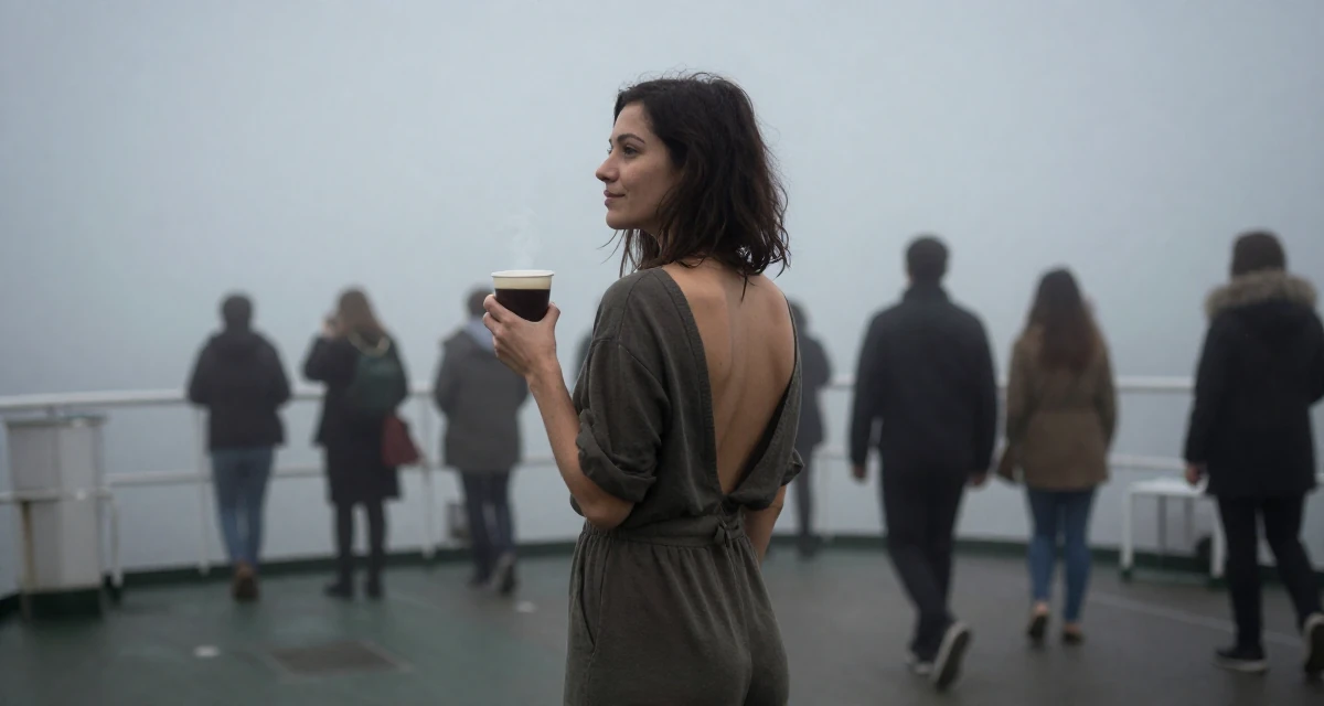 A dreamy Female Once a bookstore clerk, now offering cozy aesthetic subscription content in their 21, embracing a carefree bohemian lifestyle,
wearing a fitted jumpsuit with an open back design, rolling up sleeves in a ferry deck.