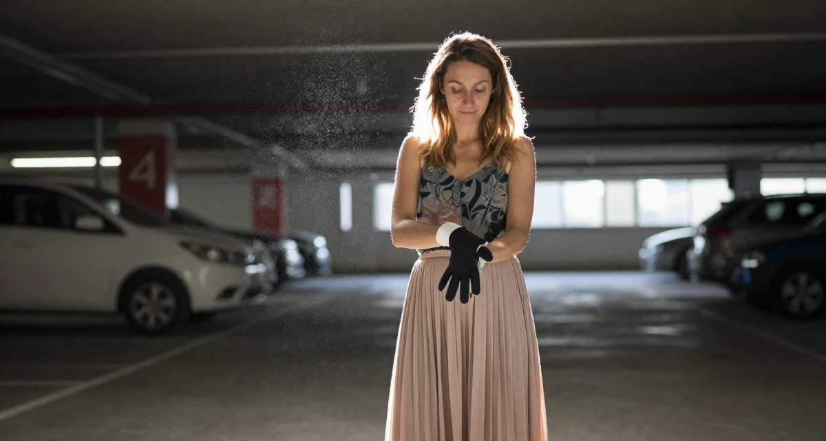 A refreshed Female From Hungary, majored in economics in their 45, embracing the freedom of a child-free life,
wearing a flowing maxi skirt and top, removing a glove in a underground parking garage.