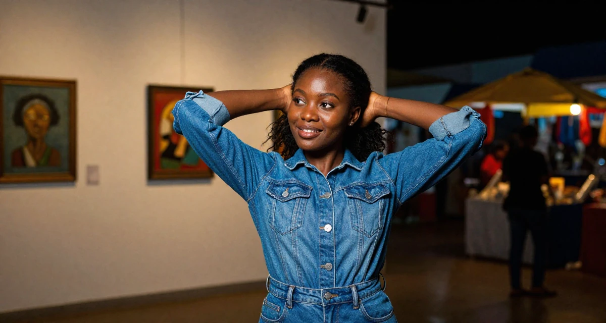 A radiant Female From Cameroon, majored in applied statistics in their 22, figuring out what content brings recurring subs,
wearing a fashionable denim on denim, brushing hair back in a art gallery.