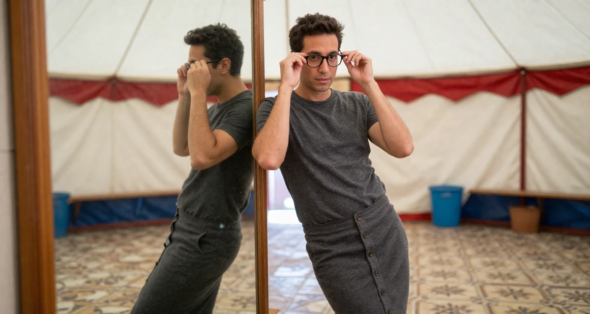 A confident male From Chile, majored in astronomy in their 47, preparing for the empty nest phase,
wearing a fitted midi skirt with buttons down the front, adjusting glasses in a circus tent interior.