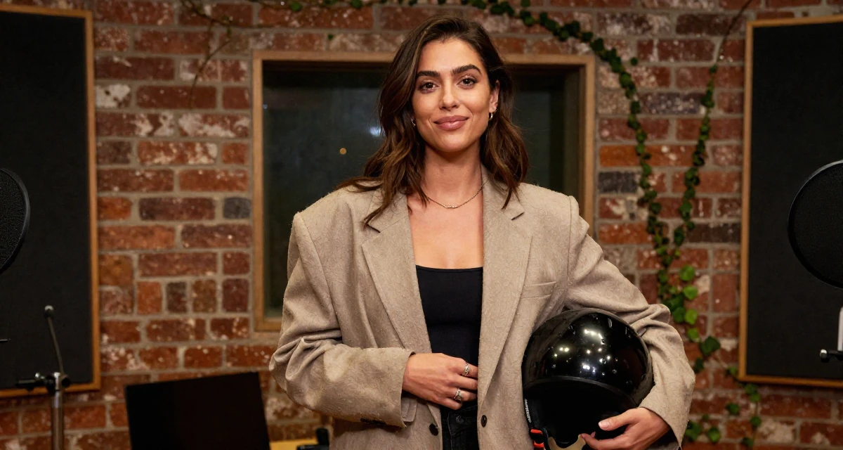 A warmhearted Female From USA, trained as a yoga instructor in their 26, feeling the shift from junior to mid-level expectations,
wearing a oversized blazer draped over the shoulders, holding a helmet in a recording booth.