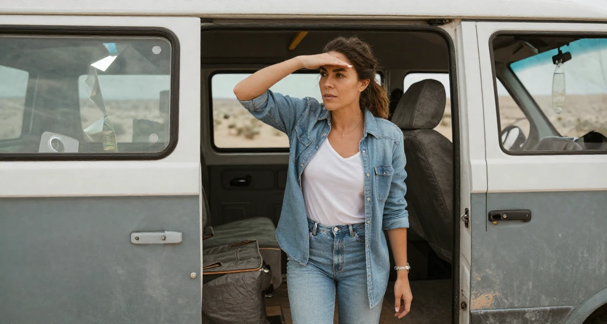 A reflective Female Former nurse in her late 20s, now building a wellness-focused creator brand in their 35, renovating a vintage van for travel,
wearing a refined casual Friday look, shading eyes with a hand in a desert landscape.