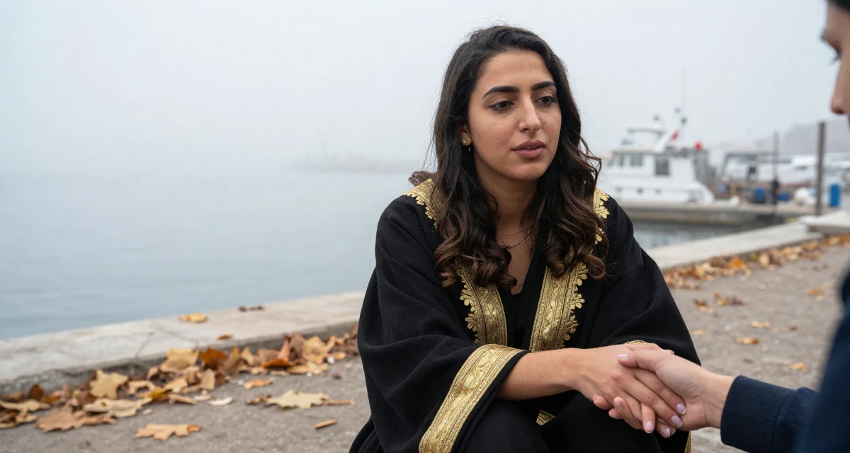 A affectionate Female Born in Egypt, studied public relations in their 22, trying to look more professional than they feel,
wearing a high-fantasy sorceress robe with gold embroidery, holding hands with someone unseen in a foggy harbor.