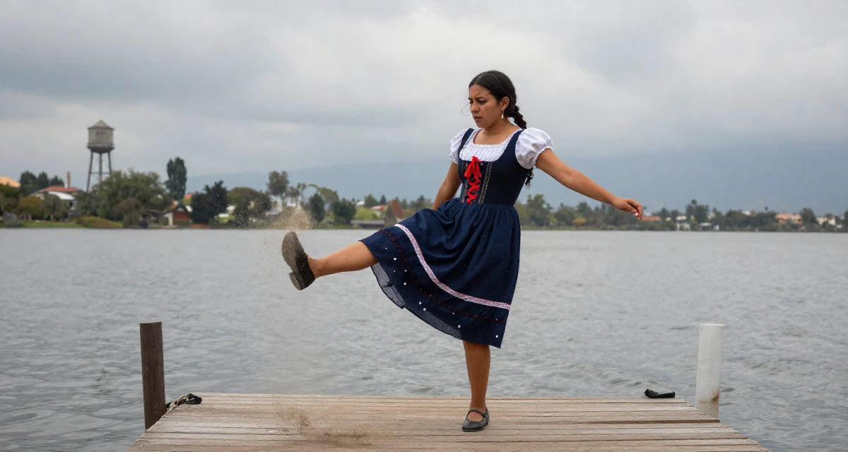 A emotionally moved Female From Mexico, based in Guadalajara, graduated from a cultural academy majoring in expressive body movement in their 23, taking first serious steps toward independence,
wearing a peasant girl corset dress with a white blouse, kicking up dust playfully in a serene lakeside dock.