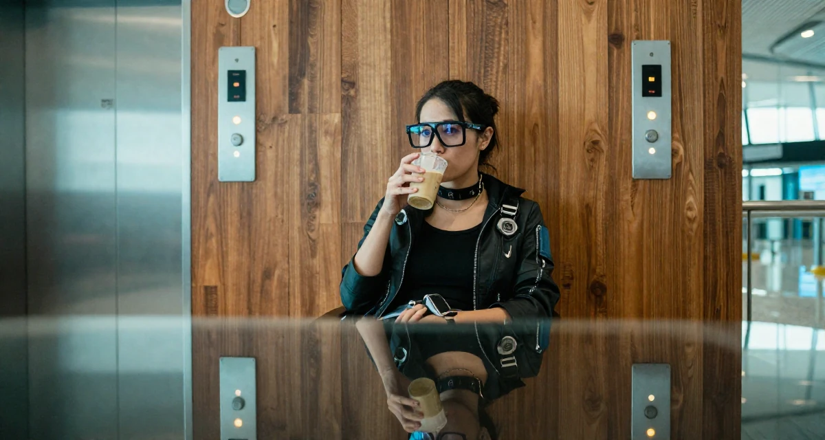 A relaxed Female From Johor Malaysia, studied early childhood education in their 28, projecting an image of effortless success,
wearing a cyberpunk hacker outfit with oversized tech glasses, sipping a warm drink in a airport terminal.