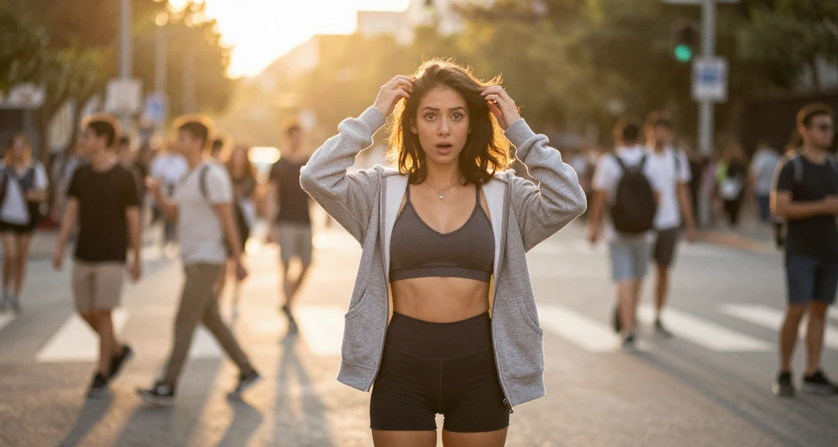A surprised Female Once a startup assistant, now a creator experimenting with storytelling in their 20, wearing a hoodie and looking sleep-deprived,
wearing a strappy gym top and compression shorts, retouching hair volume in a busy intersection.