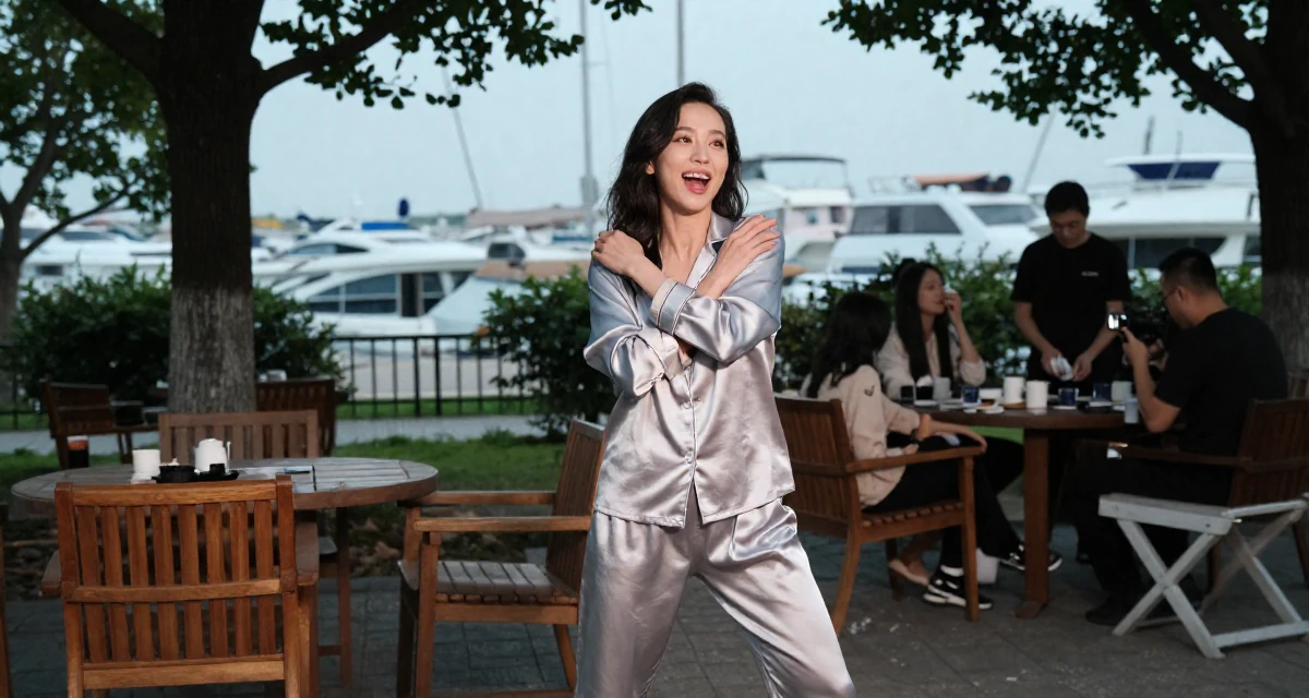 A ecstatic Female From Nanjing China, picked up videography working backstage at events in their 24, glowing with the confidence of experience,
wearing a satin pajamas set with the top unbuttoned, dusting off the shoulder in a quiet park.