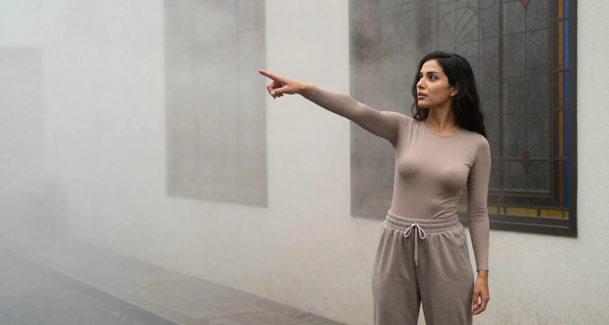 A unbothered Female Raised in the UAE, studied consumer behavior analytics in their 35, commanding respect without raising a voice,
wearing a high-cut bodysuit paired with loose jogging bottoms, pointing at something nearby in a rainy street corner.