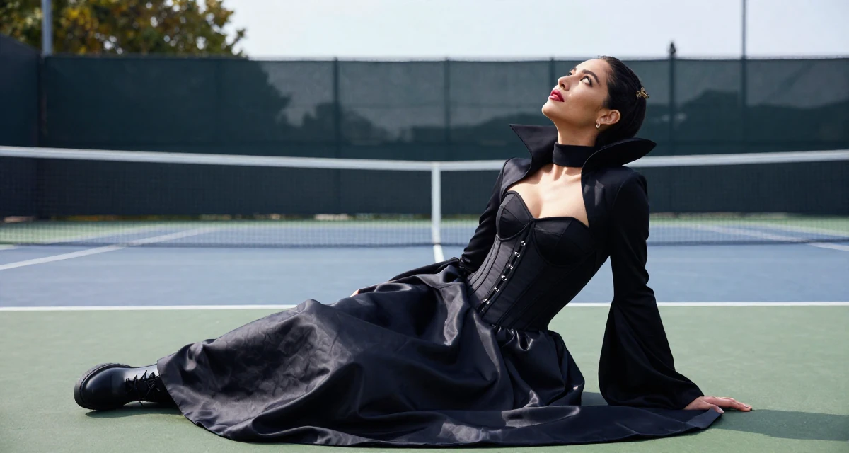 A resilient Female From USA, majored in journalism and media studies in their 38, reviewer of high-end tech products,
wearing a vampire queen gown with a high collar and corset, looking up at the sky in a tennis court.