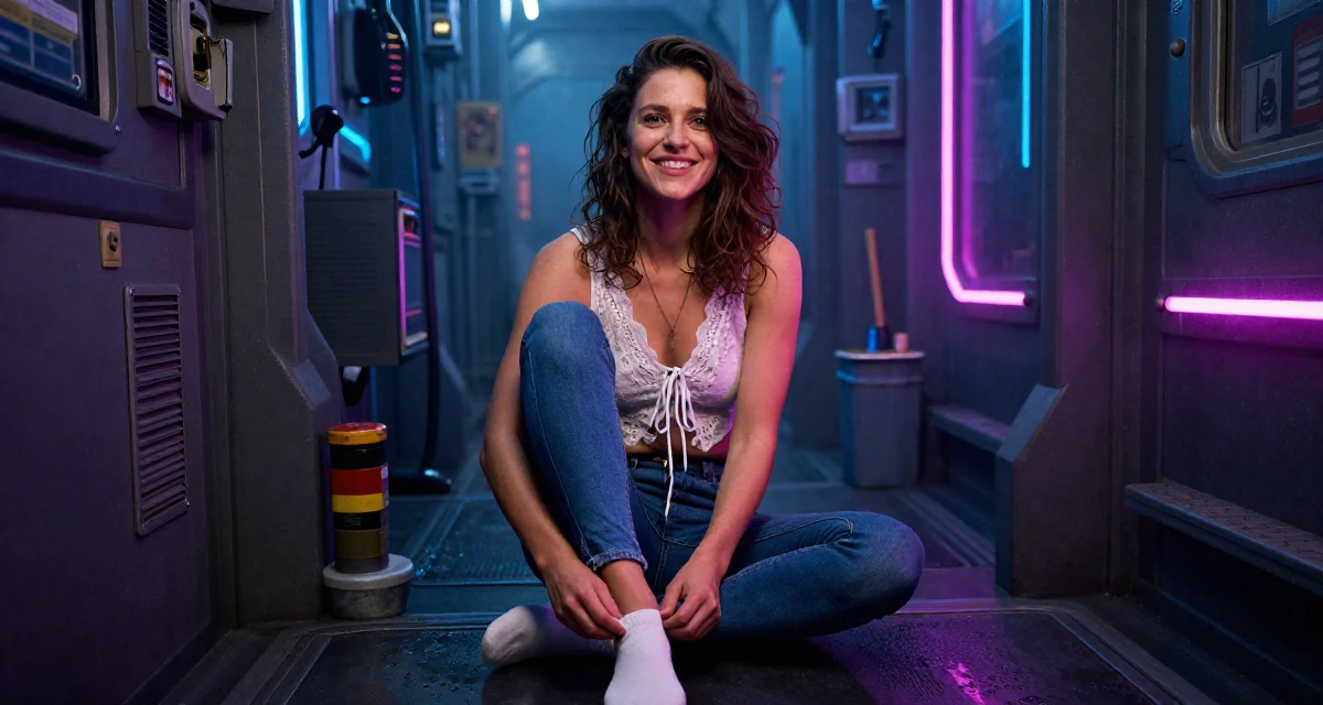 A optimistic Female From Austria, based in Graz, graduated from an arts academy majoring in emotional portrait direction in their 27, experimenting with new content formats,
wearing a lace-up front top and skinny jeans, pulling up a sock in a spaceship corridor.