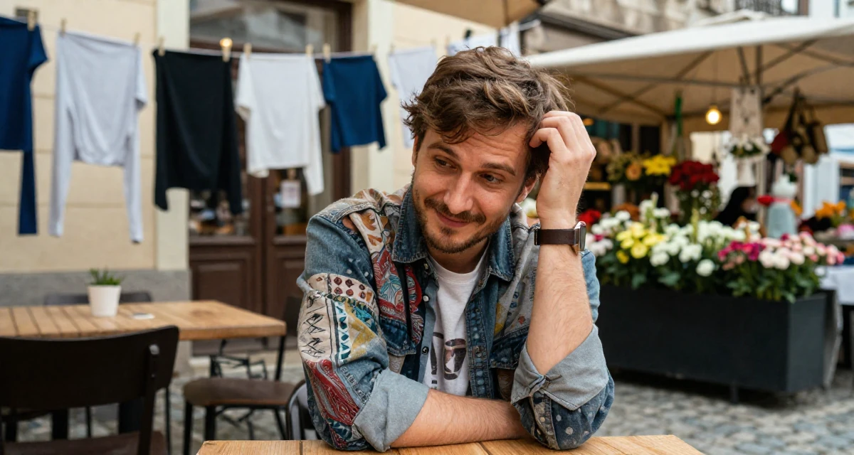 A charming male From Czech Republic, based in Ostrava, graduated from a creative university majoring in emotional visual arts in their 25, deciding to start a business or bold project,
wearing a artistic layered clothing, scratching a head lightly in a cozy café.