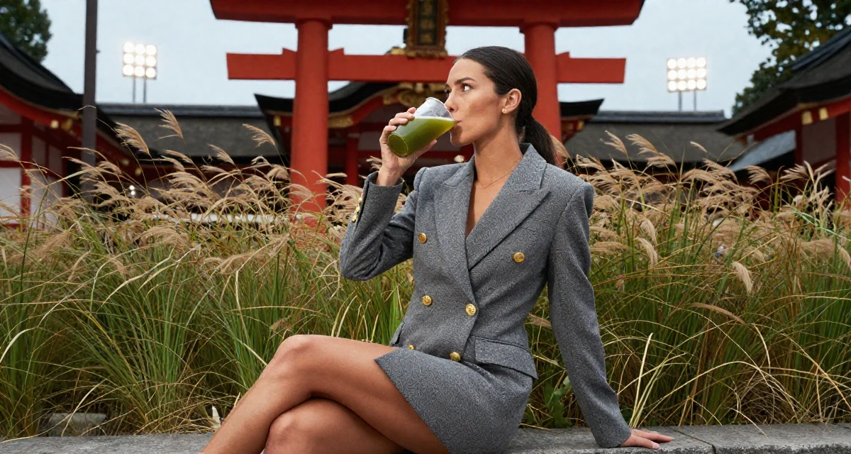 A rebellious Female From Gothenburg Sweden, trained in athletic movement and strength flow in their 24, wearing activewear and holding a green juice,
wearing a double-breasted blazer dress with gold buttons, sipping a warm drink in a Japanese Shinto shrine.