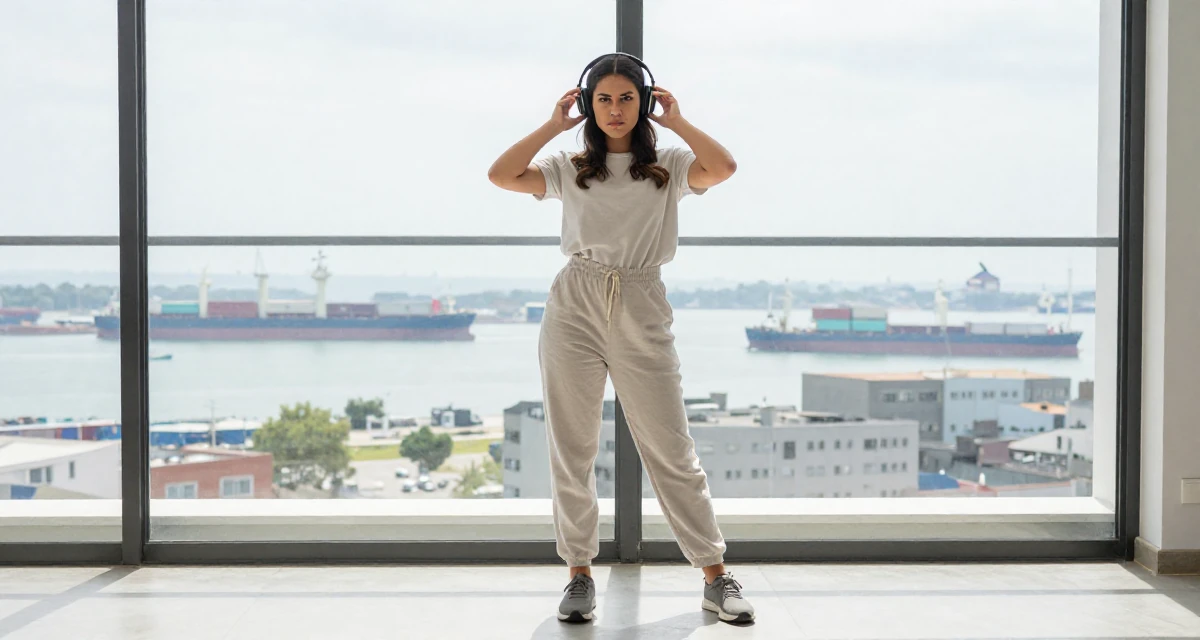 A arrogant Female Previously a chemistry student, now shooting artistic self-portrait content in their 25, transitioning from teenage habits to adult routines,
wearing a clean, neutral-toned casual outfit, adjusting headphones in a modern apartment.