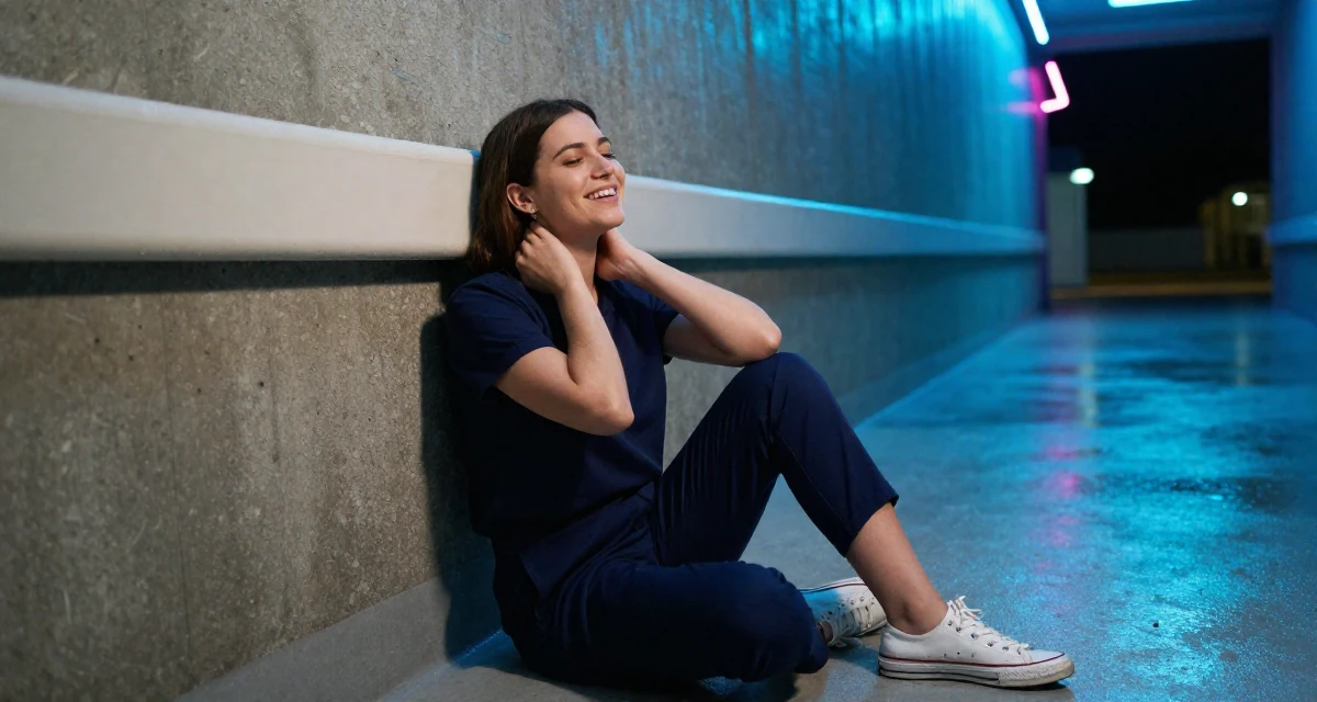 A cheerful Female Once a financial analyst, now creating emotionally raw premium content in their 21, realizing childhood friends are drifting away,
wearing a classic navy blue ensemble, massaging the neck in a hospital corridor.