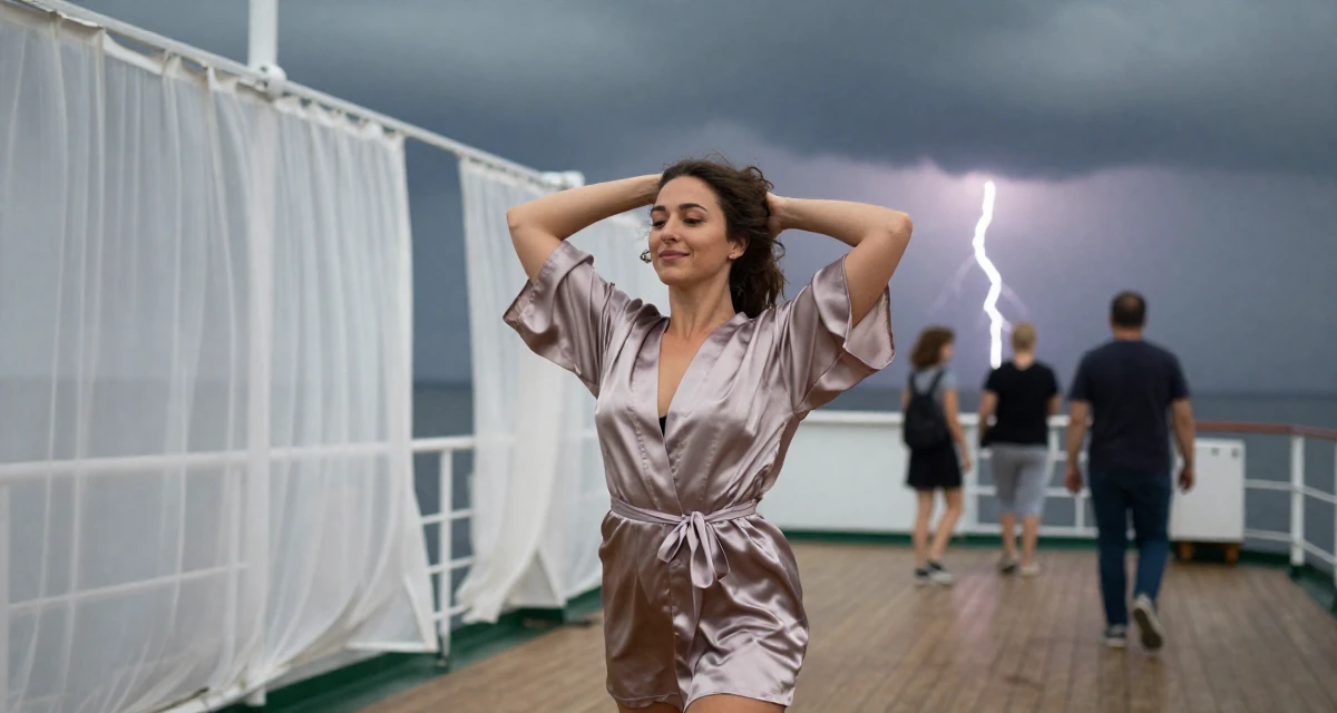 A satisfied Female From Athens Greece, learned movement expression through traditional dance in their 22, balancing personal dating life with creator identity,
wearing a short silk robe tied loosely, fixing a loose strand of hair in a ferry deck.