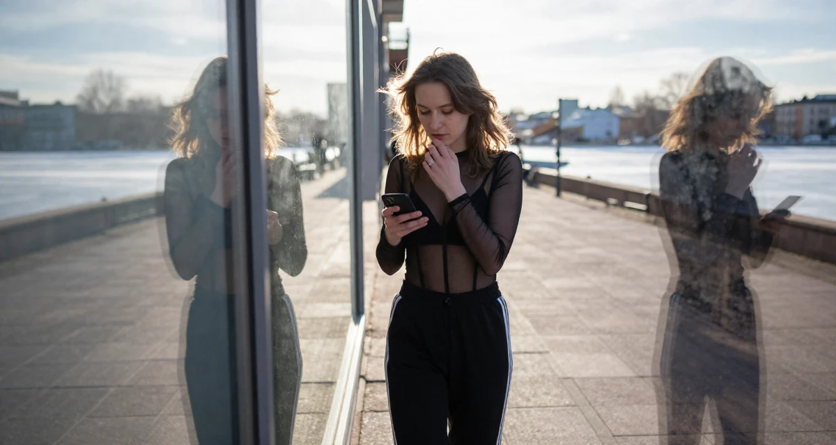 A timid Female From Helsinki Finland, practiced emotional expression through self-portrait art in their 21, feeling lonely despite being constantly online,
wearing a mesh paneled bodysuit and track pants, playing with a ring on a finger in a city sidewalk.