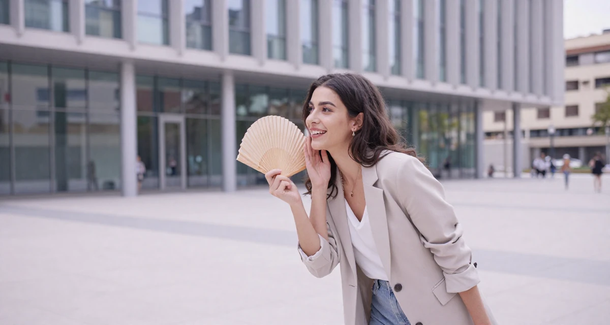 A delighted Female From Barcelona Spain, majored in audiovisual production in their 22, building early digital portfolios,
wearing a refined casual Friday look, fanning self with a hand in a pedestrian plaza.