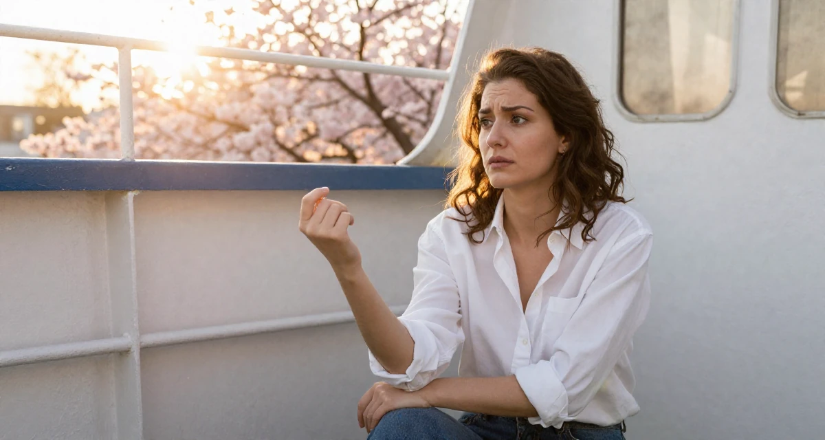 A worried Female From Hungary, majored in communication strategy in their 23, realizing content creation requires real discipline,
wearing a white shirt unbuttoned to the chest, rolling up sleeves in a ferry deck.
