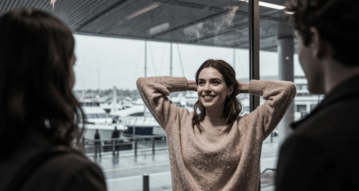 A hopeful Female From Lyon France, studied fashion marketing in their 20, experimenting with new social circles and hobbies,
wearing a soft cashmere sweater worn with nothing visible underneath, smiling at a stranger in a airport terminal.