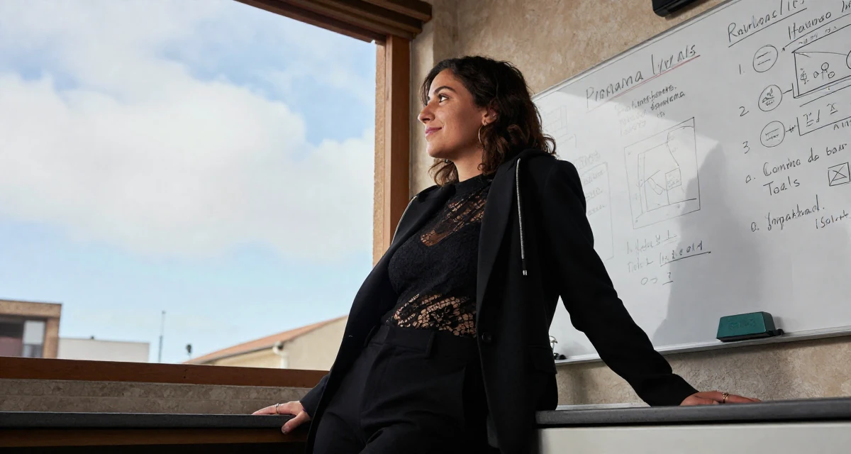 A satisfied Female From Spain, has a degree in fine arts in their 22, trying to scale content while keeping privacy safe,
wearing a black lace top under a business suit, zipping up a hoodie in a rustic kitchen.