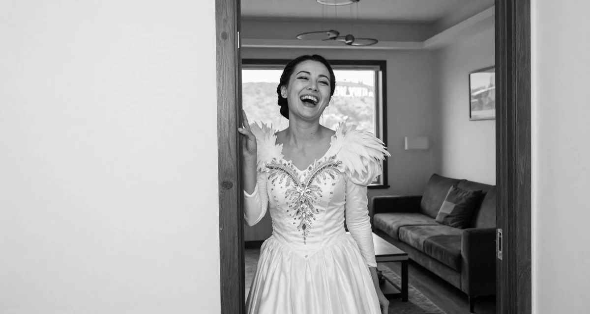 A ecstatic Female From Mongolia, majored in history and culture in their 25, learning to balance creativity with subscriber expectations,
wearing a snow queen gown with ice crystal details, laughing uncontrollably in a modern apartment living room.
