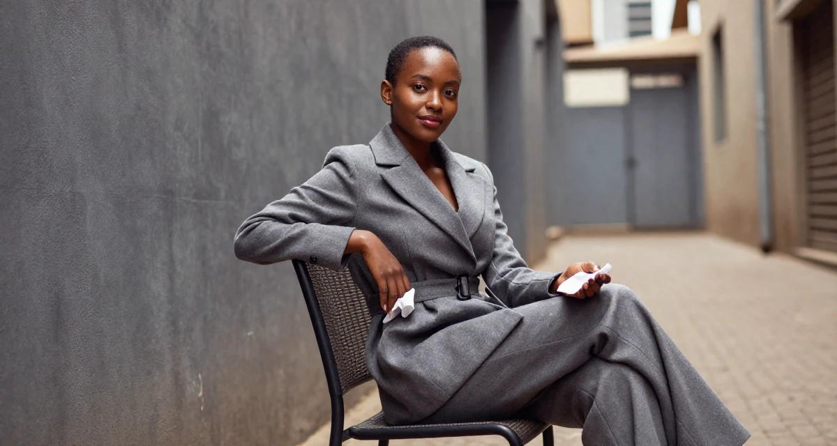 A warmhearted Female From Kenya, based in Nairobi, graduated from a creative institute majoring in aesthetic communication in their 43, balancing a demanding career with self-care,
wearing a fitted waist coat and wide leg trousers, wiping hands in a quiet alleyway.