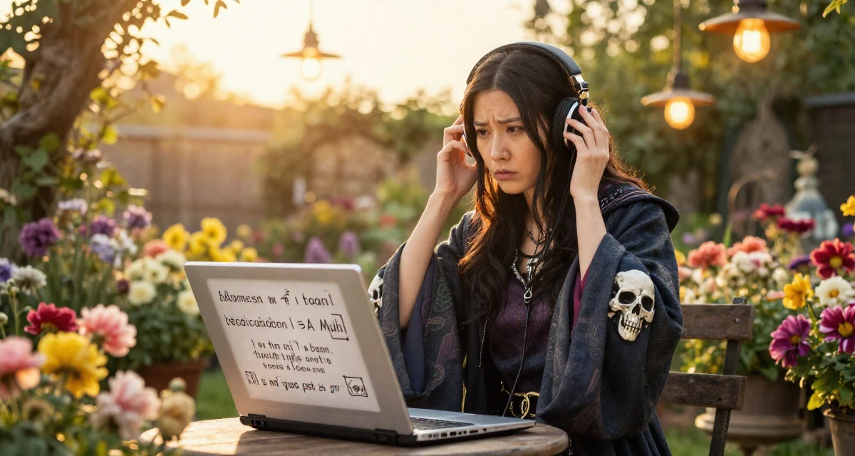 A puzzled Female From Chinese-speaking regions, studied mechanical design in their 35, sharing the journey of learning a new language,
wearing a dark fantasy necromancer robe with skull motifs, adjusting headphones in a blooming flower garden.