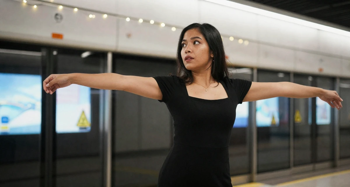 A captivating Female From the Philippines, based in Davao, graduated from a communication program majoring in fan engagement dynamics in their 50, feeling more vibrant and energetic than ever,
wearing a fitted black dress with a square neckline, stretching arms after waking in a subway platform.