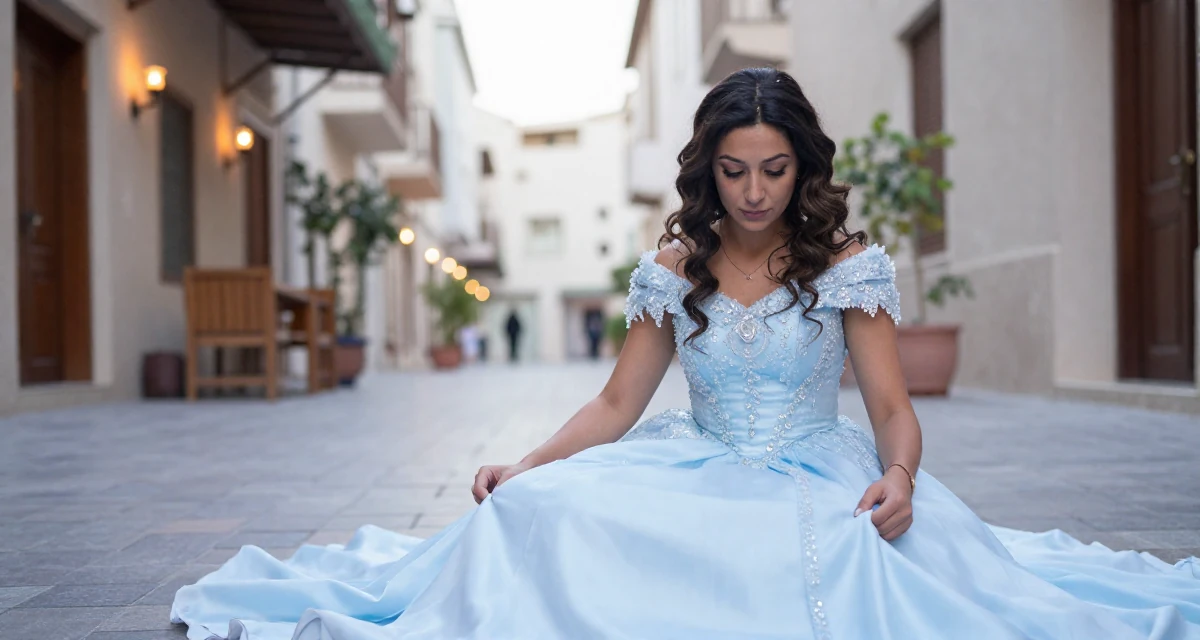 A focused Female From Dubai UAE, majored in luxury branding and lifestyle presentation in their 37, creating educational content for children,
wearing a snow queen gown with ice crystal details, fixing the hem of a skirt in a quaint European street.