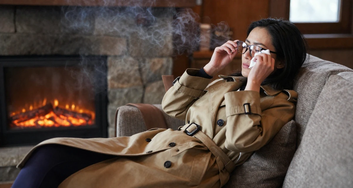A bored Female From Chongqing China, trained in yoga and body-movement expression in their 20, fueled by caffeine and late-night ambition,
wearing a long trench coat belted tightly at the waist, cleaning glasses with a cloth in a ski lodge fireplace.
