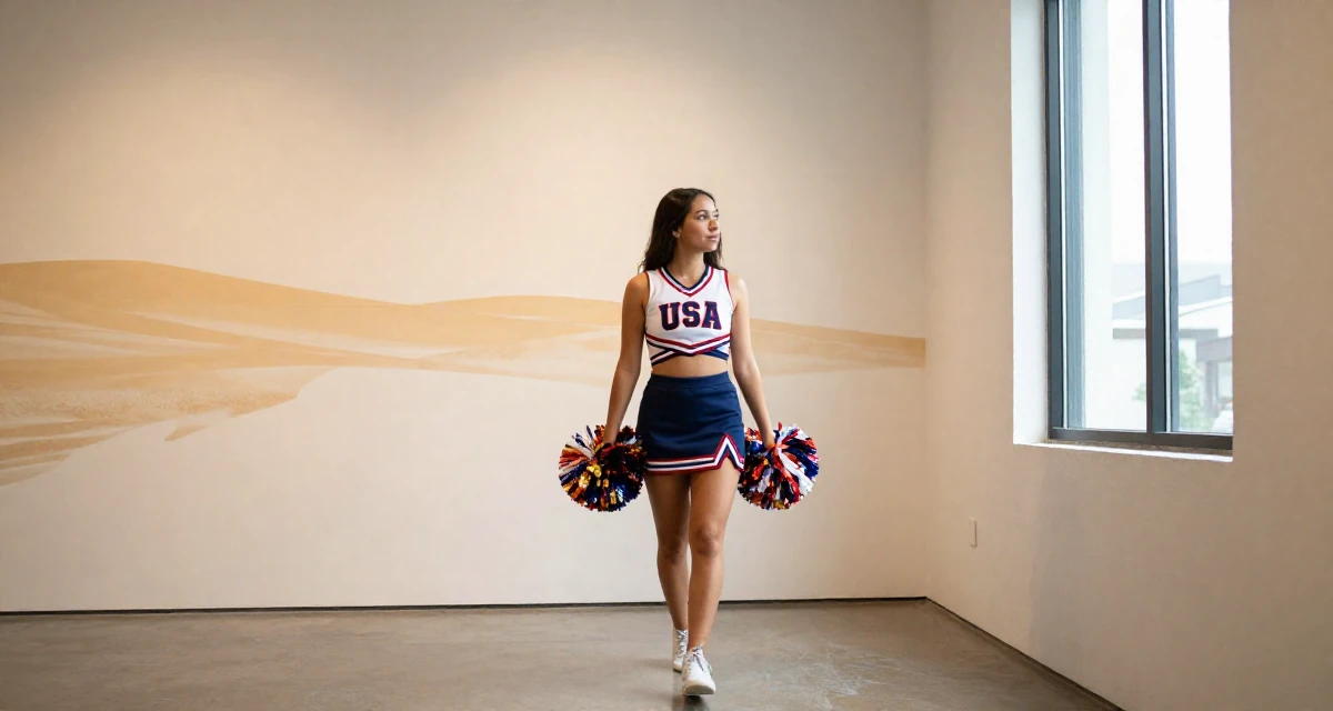 A confident and poised Female From USA, studied supply chain management in their 23, regretting creative decisions but needing to post anyway,
wearing a cheerleader uniform with a cropped top and pom-poms, looking out the window in a art gallery hall.