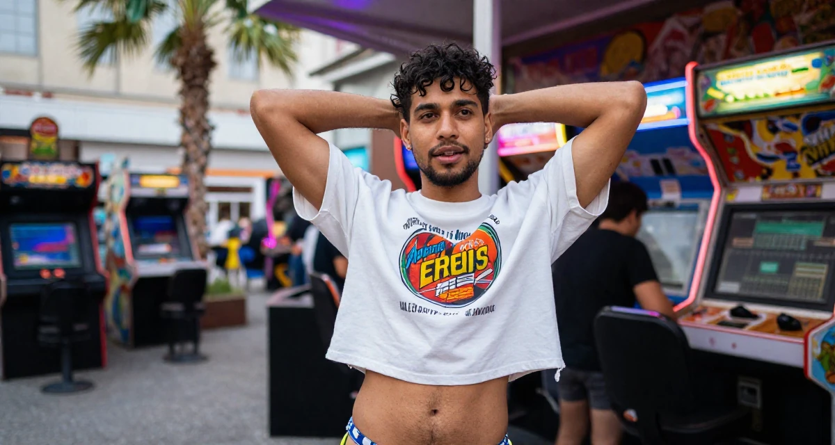 A vibrant male From Gothenburg Sweden, studied sustainable development in their 25, accepting that growth is slower than motivational quotes claim,
wearing a cropped graphic tee and bikini bottoms, rolling up sleeves in a arcade room with neon lights.