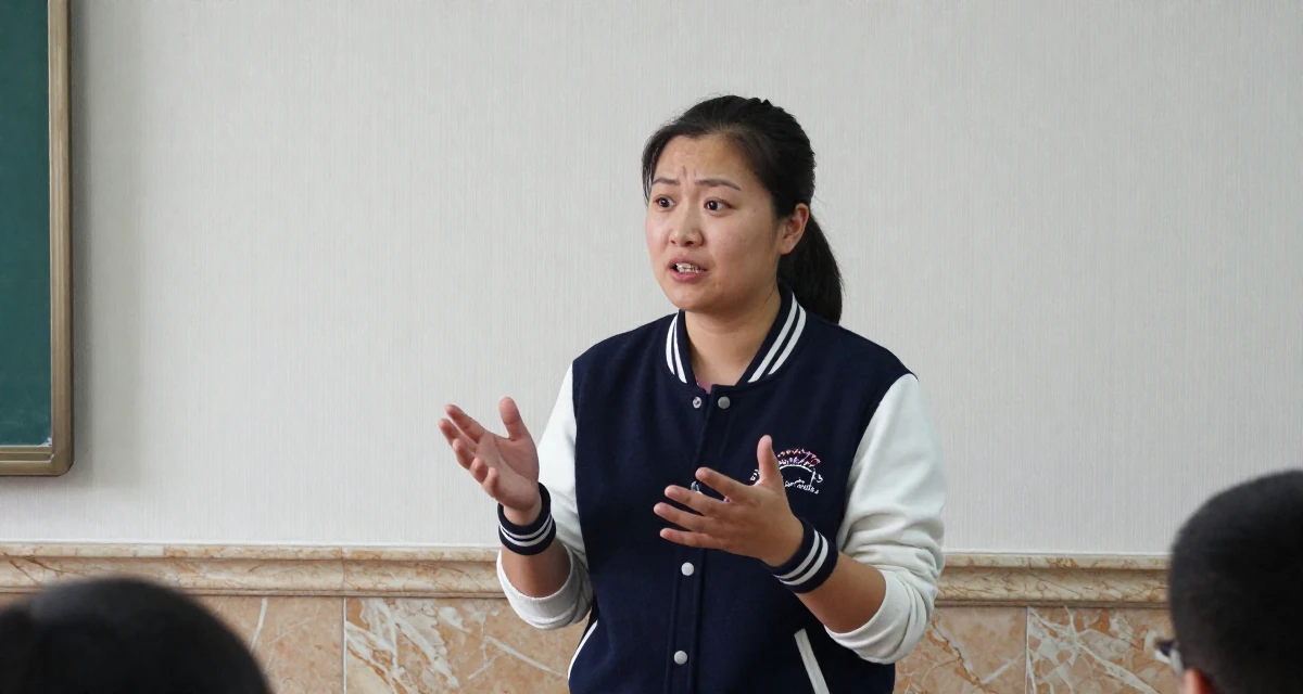 A mischievous Female From Chinese-speaking regions, majored in human resource development in their 40, sharing the joy of adoption and family,
wearing a casual varsity jacket look, gesturing while talking in a classroom setting.