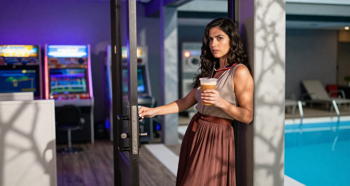 A determined Female Former hotel housekeeper, now offering intimate behind-the-scenes content in their 22, clutching an iced coffee as a survival tool,
wearing a flowing maxi skirt and top, opening a door in a arcade room with neon lights.